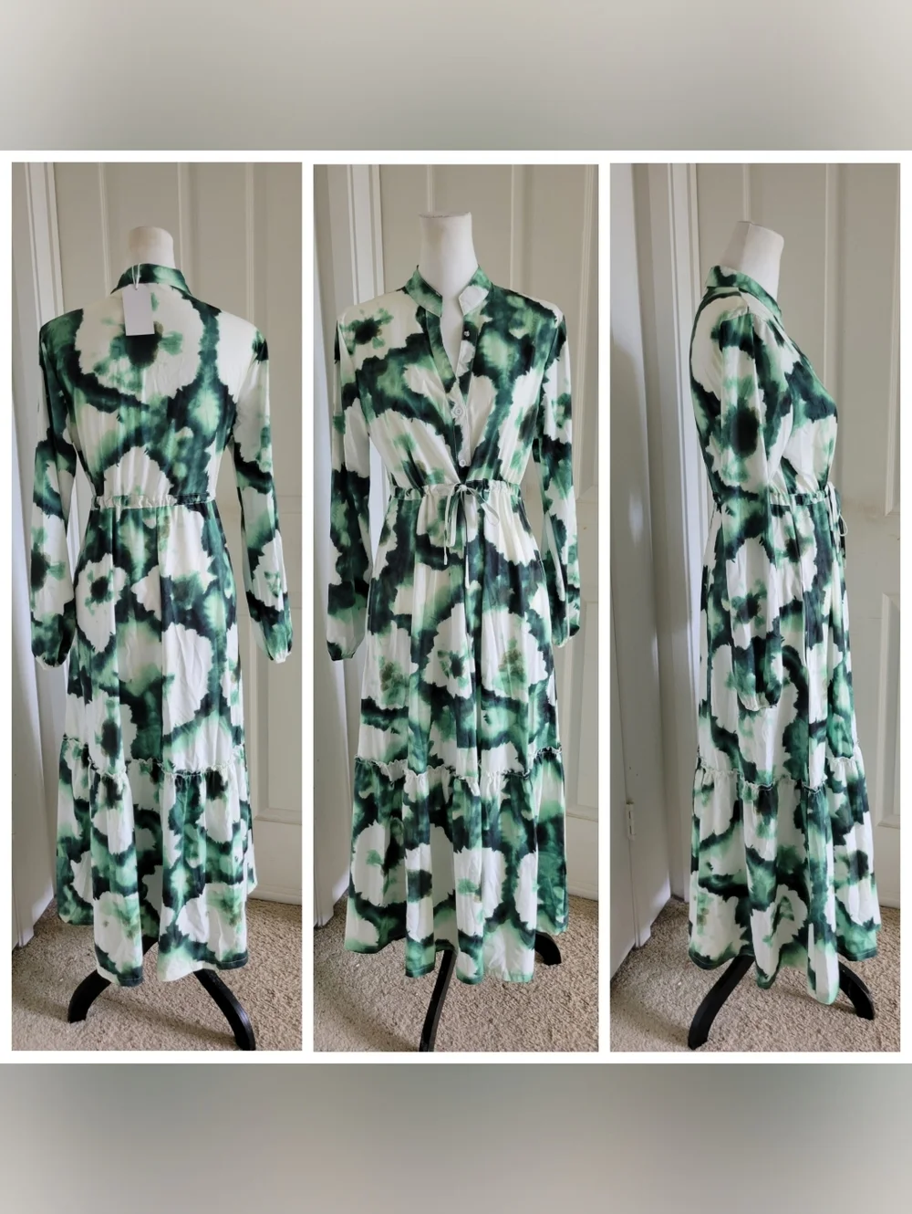 NWT Green/White Tie-Dye Floral Long Sleeve Boho Maxi Dress (SIZE S) - Picture 14 of 15